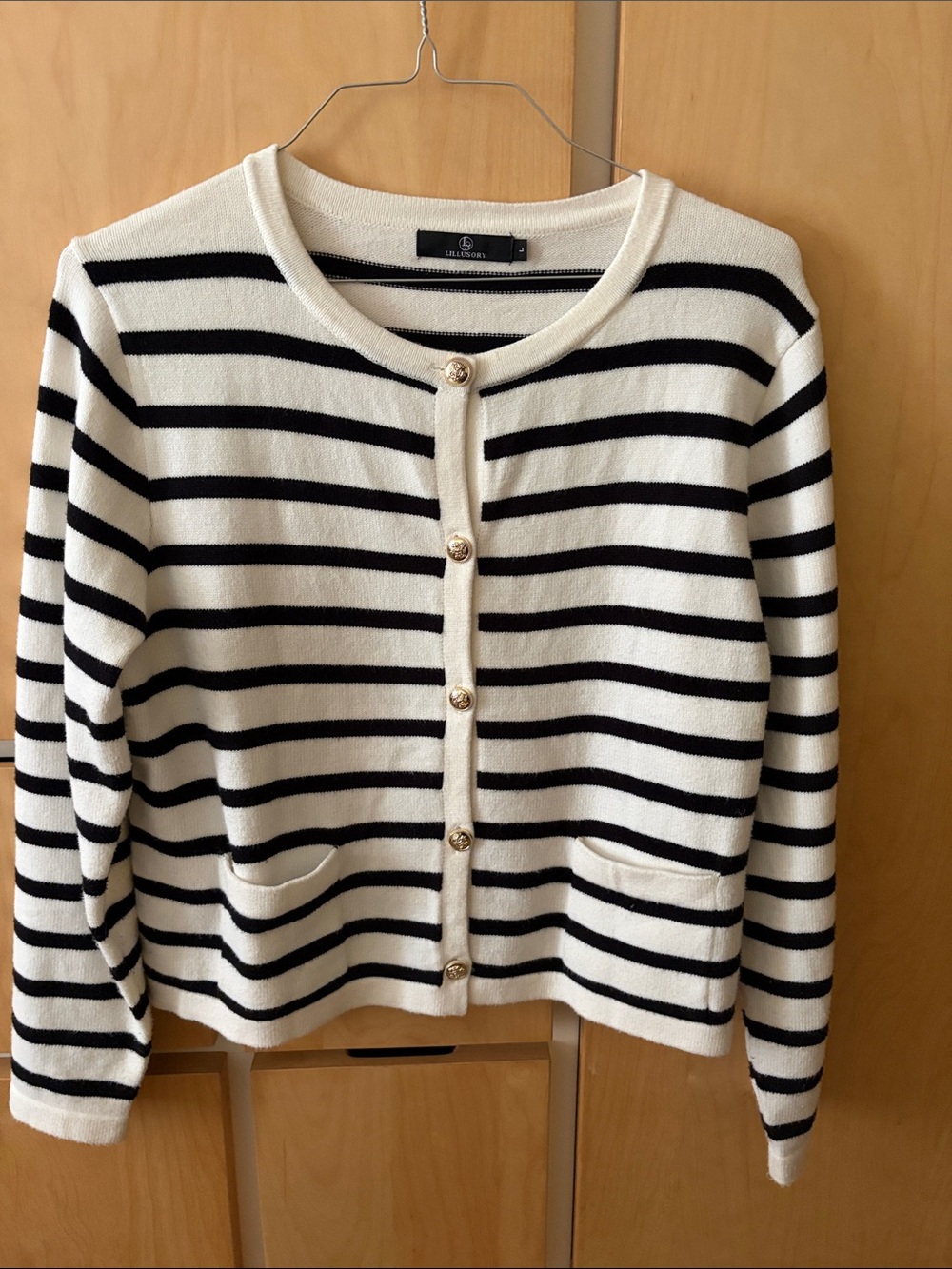 Lilla P Cream and Black Striped Button-Front Cardigan with Gold Buttons